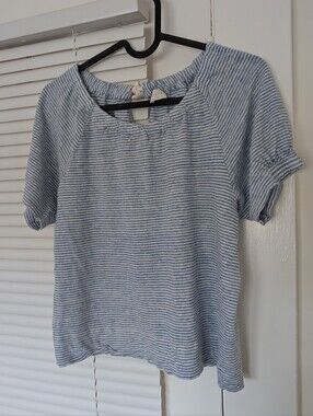 Poetry 100% Linen White Blue Striped Top Blouse Shirt Coastal Casual Women 2 XS